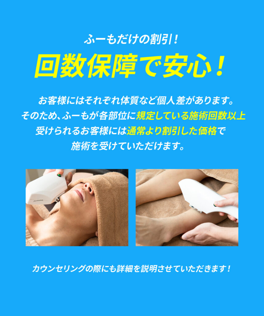 ふーもだけの割引！
回数保障で安心！
お客様にはそれぞれ体質など個人差があります。
そのため、ふーもが各部位に規定している施術回数以上
受けられるお客様には通常より割引した価格で施術を受けていただけます。
カウンセリングの際にも詳細を説明させていただきます！